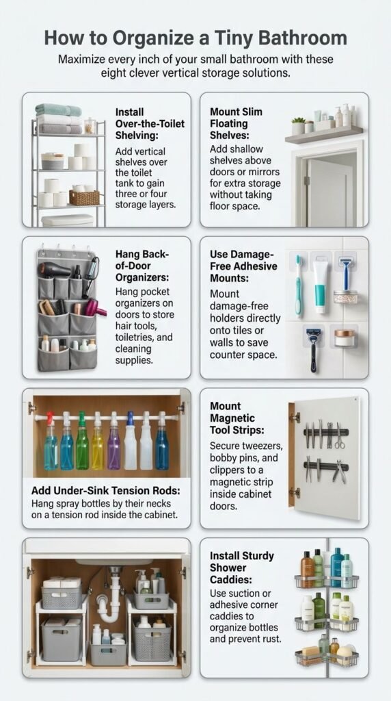 how to organize a tiny bathroom infographic