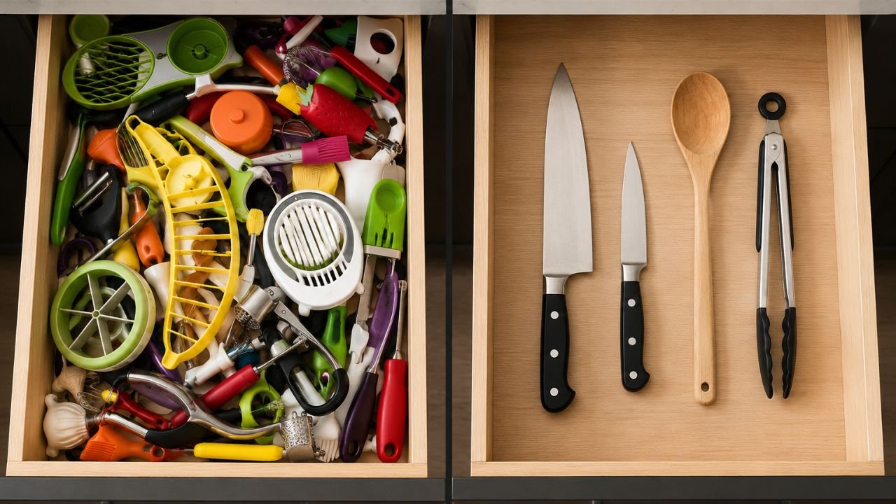 Cluttered vs organized in kitchen drawers