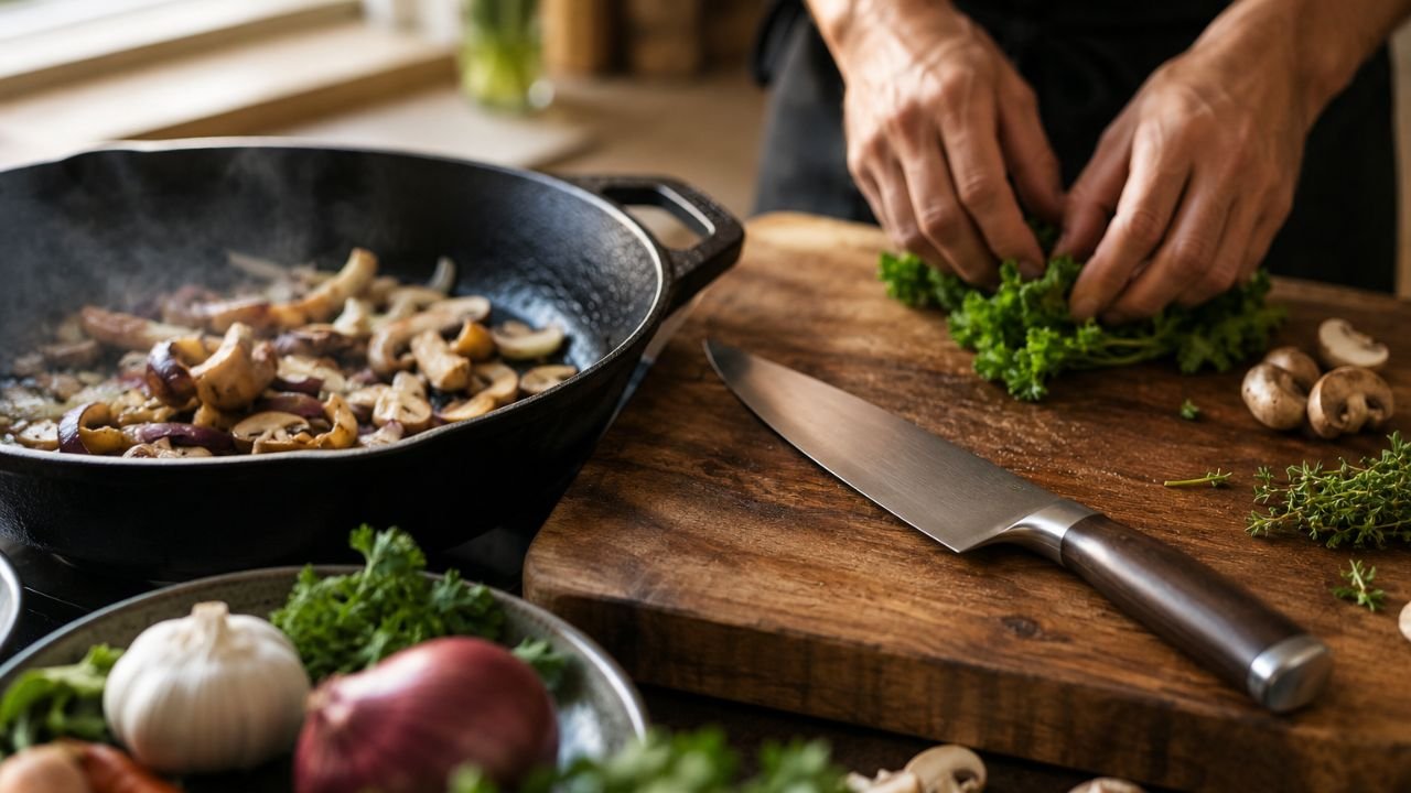 Sauteing vegetables in a cozy kitchen